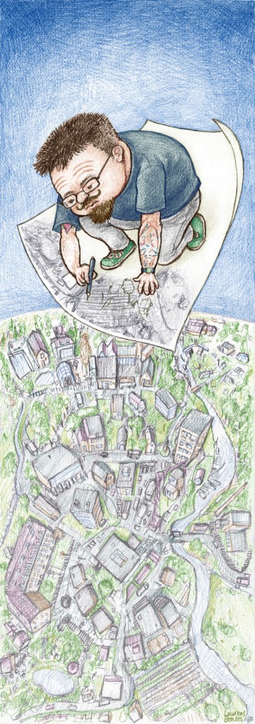 Zelfporttret tekening in zwart-grijs potlood in verschllende kleurenlagen gegumd. Laurens Bontes juni 2015